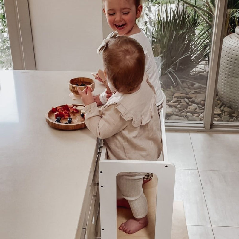 children using twin learning tower together