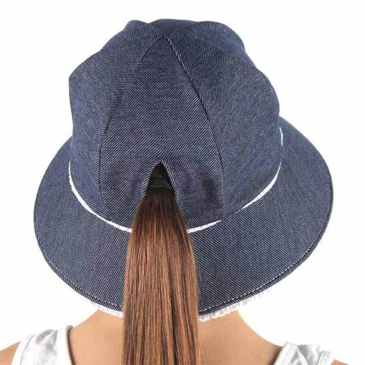Ponytail Bucket Sun Hat - Denim Ruffle